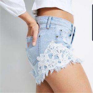 Guess Light Blue Denim Shorts with White Floral Lace